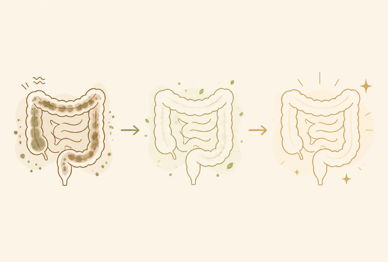 Illustration showing three stages of a gut cleanse: congested, cleansing and restored
