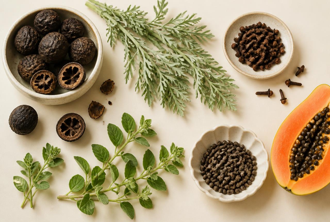 Black walnut hulls, wormwood, cloves, oregano and papaya seeds used in the ParaMD Parasite Cleanse formula