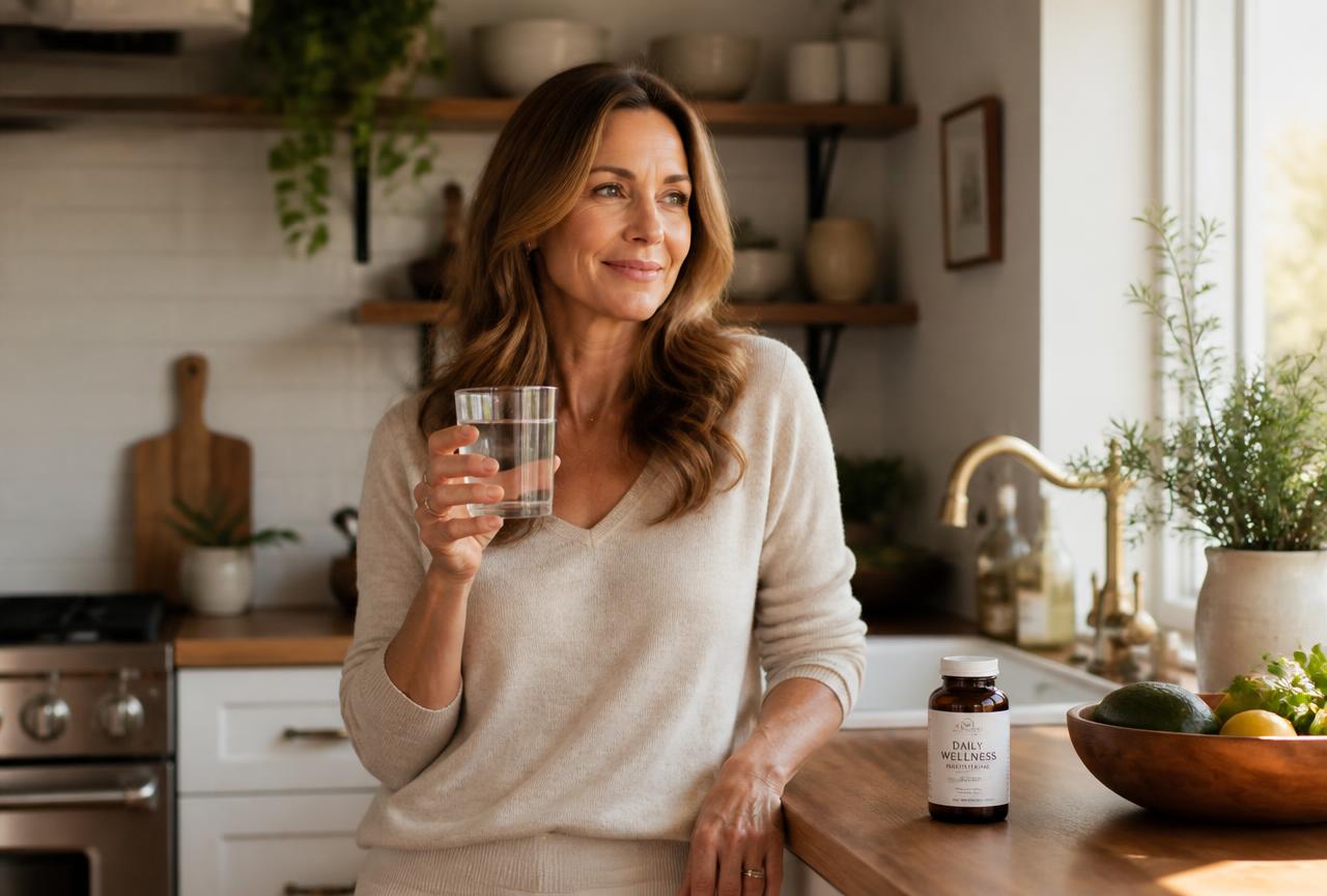 Woman taking her daily ParaMD Parasite Cleanse capsules with water in a bright kitchen